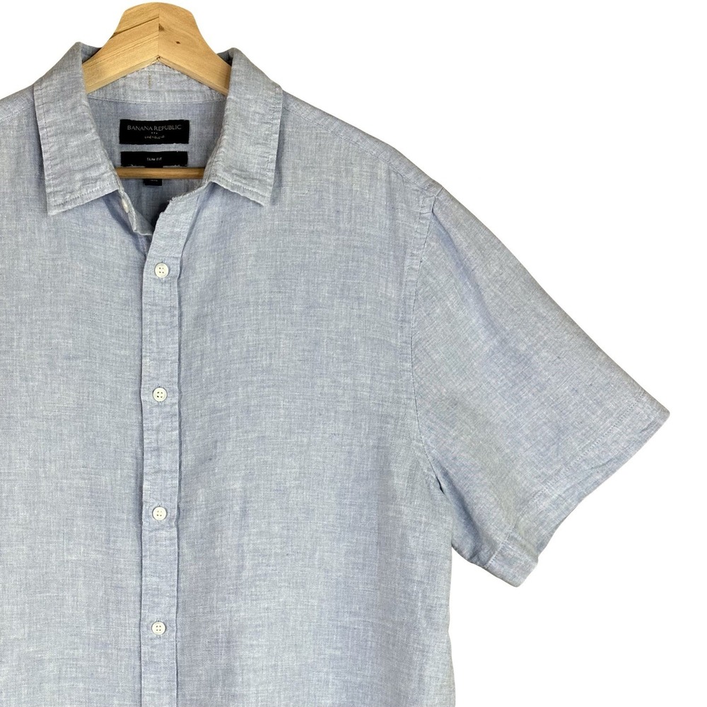 Banana Republic Men's L Tall Blue Linen-Cotton Slim Short Sleeve Button-Up Shirt